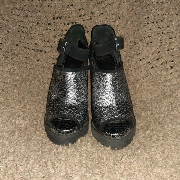 SHELLYS LONDON-Silver/Black-SCALES-Silver/Black-Leather Heels-Sz 7.5-Excellent - Picture 3 of 7